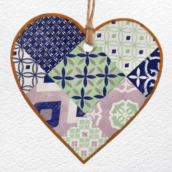 Decoupaged Wooden Hanging Heart 15cm (6"): Green and Blue design