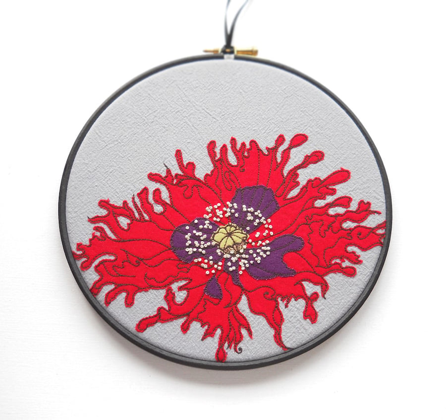 8 inch free motion and hand embroidered floral textile hoop original red poppy