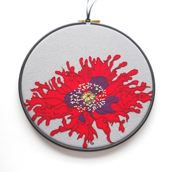 8 inch free motion and hand embroidered floral textile hoop original red poppy