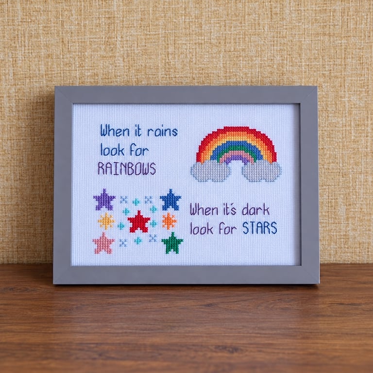 When It Rains Look for Rainbows – Inspirational Framed Cross Stitch 5x7