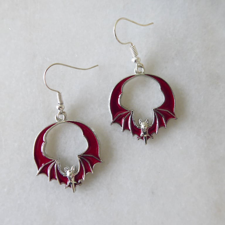 Red and Silver Bat Earrings with Silver Plated Ear Wires