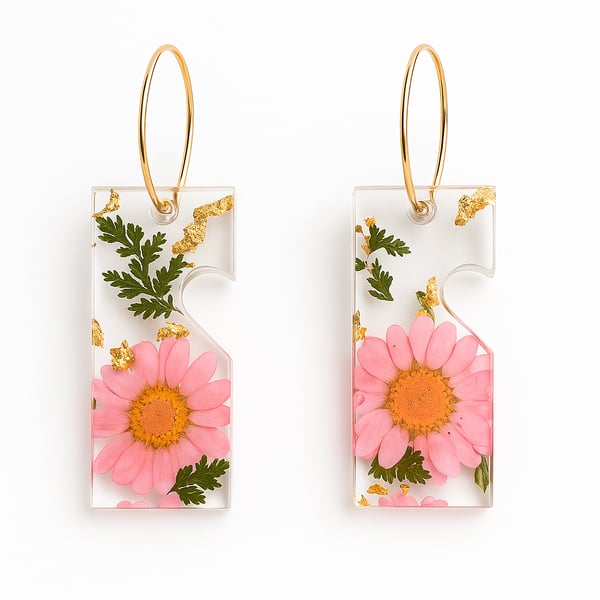 Pink Daisy Resin Rectangle Earrings with Gold Leaf Hoops