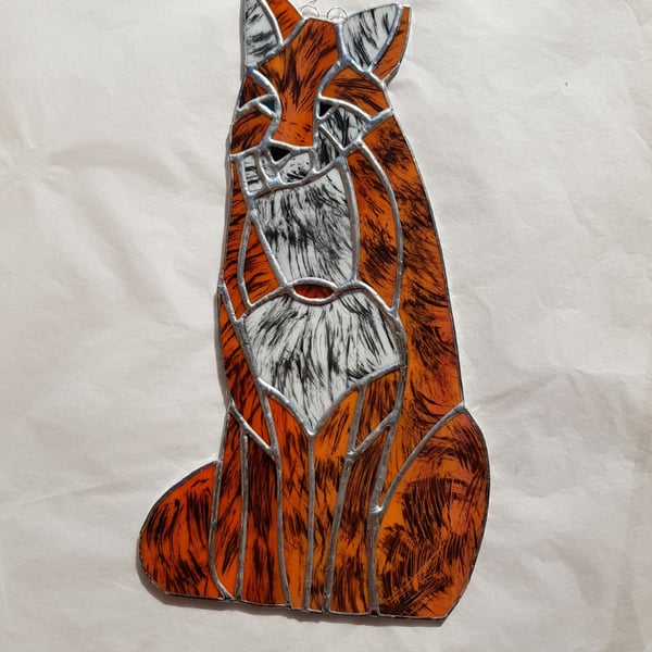 436 Stained glass hand painted fox - hanging decoration.