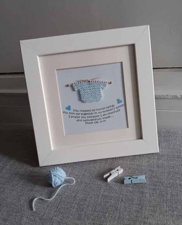 Blue Knitted Jumper in Square White Frame with Psalm 139 Size 22.5cm x 22.5cm 