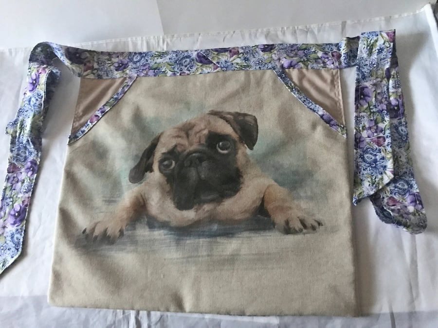 Handmade Pug Dog Half Apron, Lined Kitchen Apron, Linen Tie Waist Front Pocket