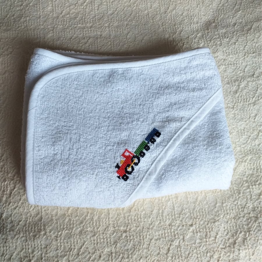 Train Baby Towel, hand embroidered