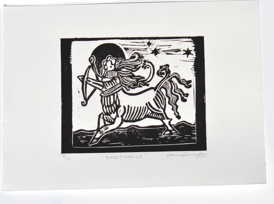 'Sagittarius' Hand Printed Lino Cut 