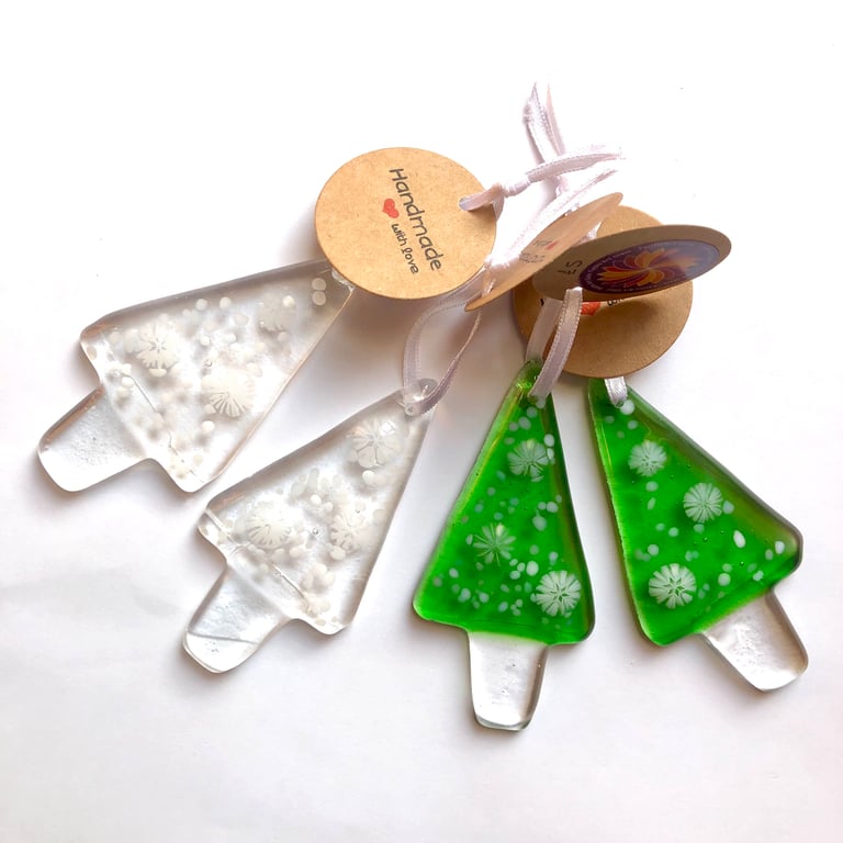 Fused glass Christmas tree decoration with snow snowflakes 
