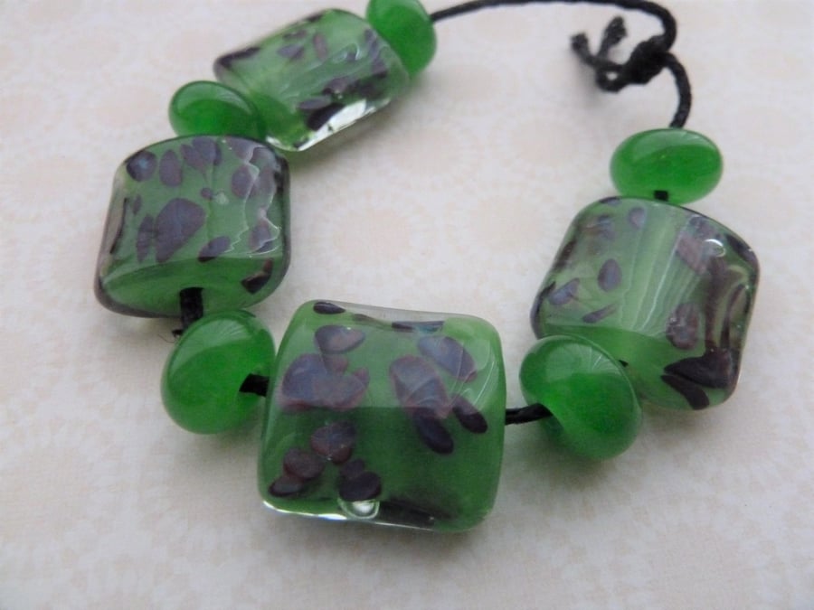 handmade lampwork glass beads, green pillow set