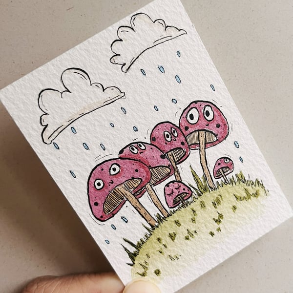 Mushrooms Family ACEO, Original Watercolor and Ink Miniature Art Card