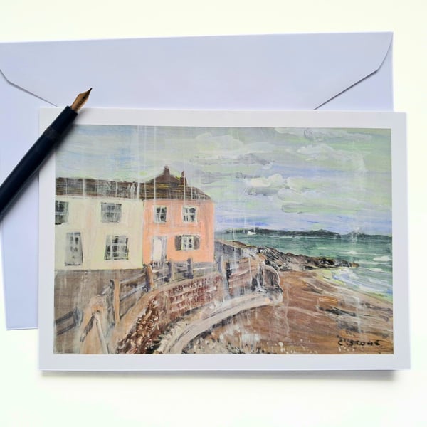 Blank greetings card A5 Kingsand Cornwall from original mixed media painting