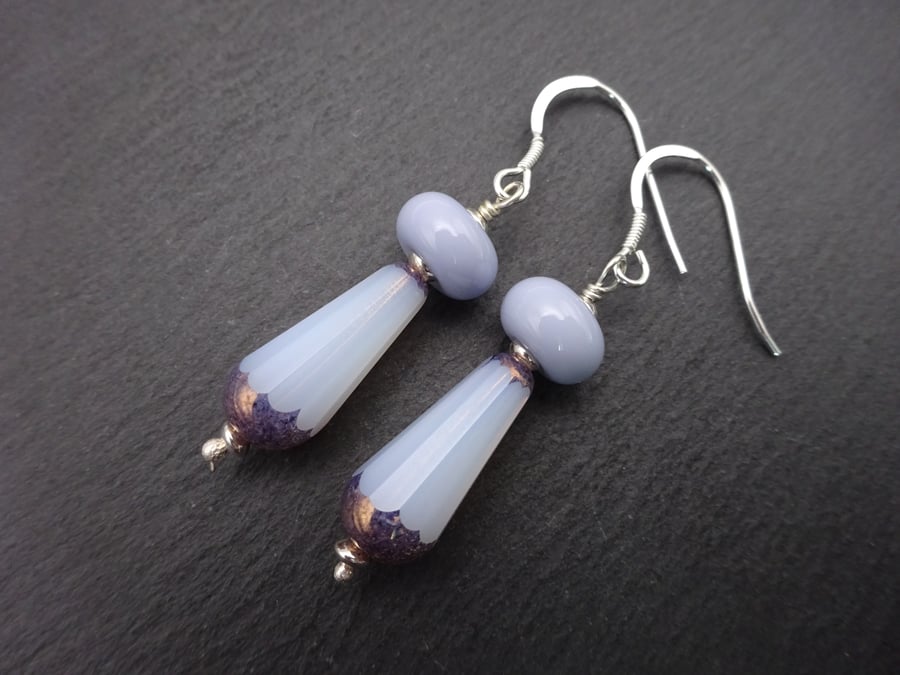 lampwork glass earrings, ice blue and white