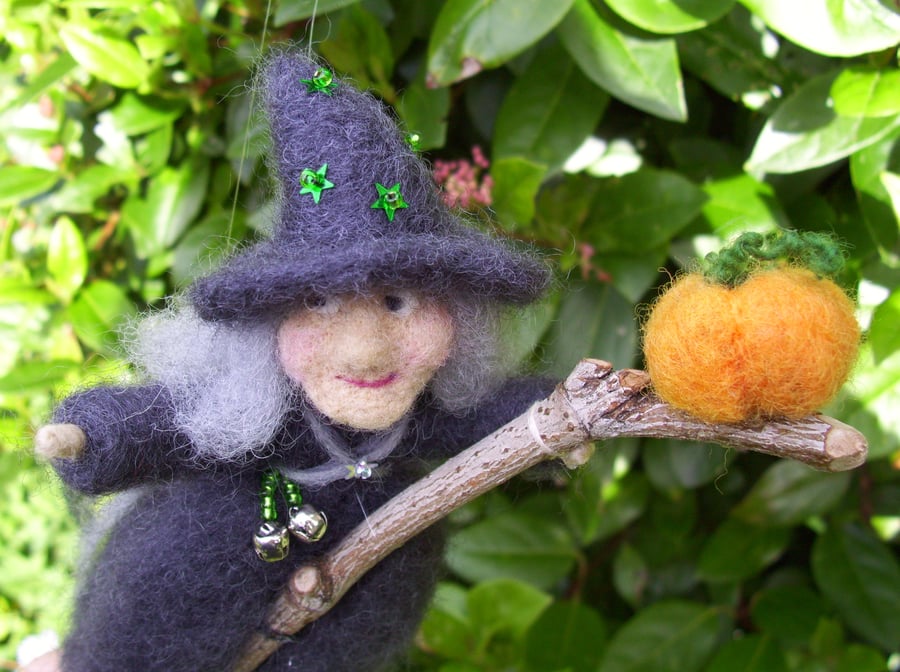 Halloween Witch on Broomstick with Pumpkin - Autumn Needle Felted Decoration 