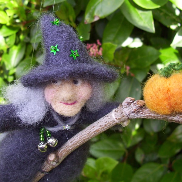 Halloween Witch on Broomstick with Pumpkin - Autumn Needle Felted Decoration 