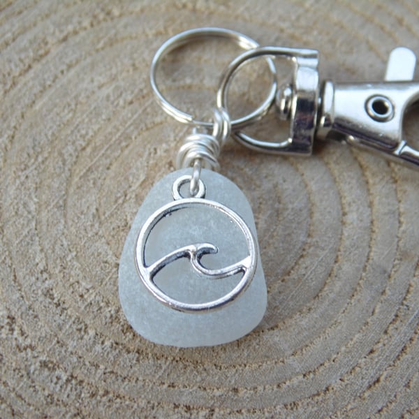 White Cornish Sea Glass with Wave Charm Bag Charm Keyring K538