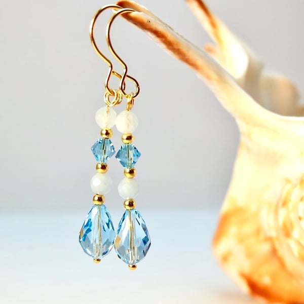 Faceted Aquamarine And Swarovski Crystal Earrings - Handmade In Devon