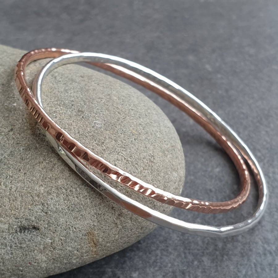 Silver and copper bangle set, Interlocking bangles, Set of two