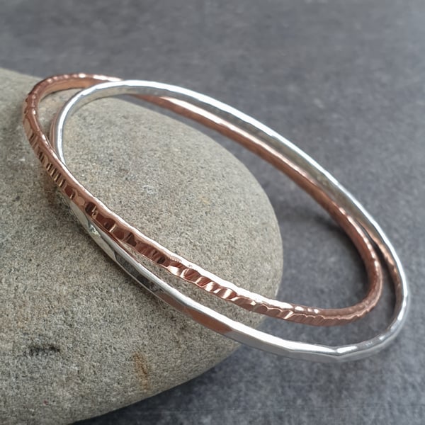 Silver and copper bangle set, Interlocking bangles, Set of two