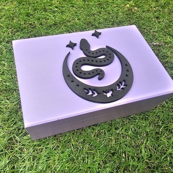 Celestial Snake & Moon Lilac Wooden Handmade Jewellery, Trinket, Keepsafe Box