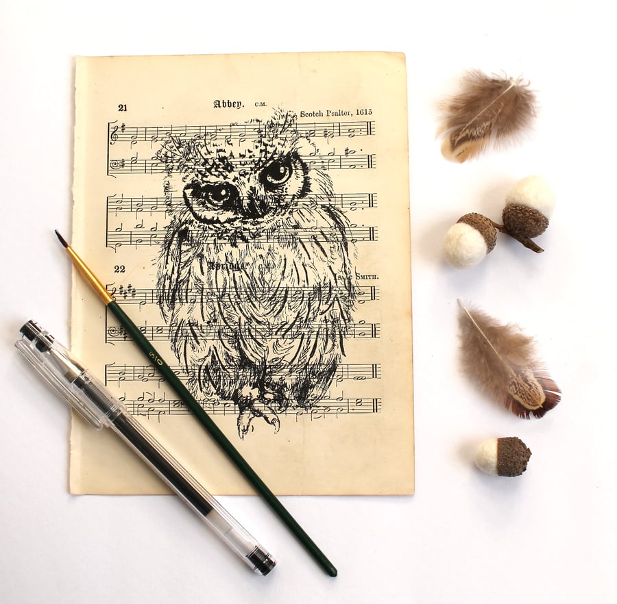 Scops Owl Gocco Print on Vintage Sheet Music, Bristish Bird Print