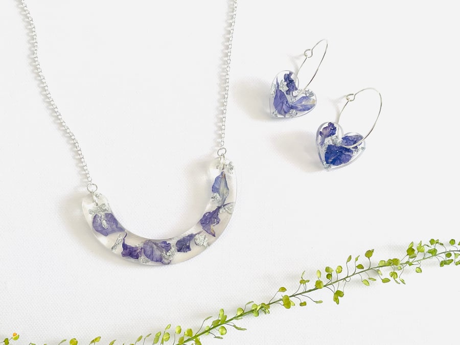 Pressed flower necklace and earrings set, real flower jewellery
