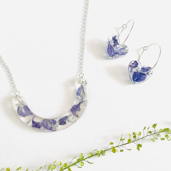 Pressed flower necklace and earrings set, real flower jewellery