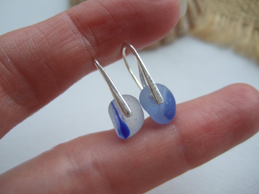 Seaham Multi Blue Sea Glass Earrings, Water Drop Design Sterling Silver, Petite