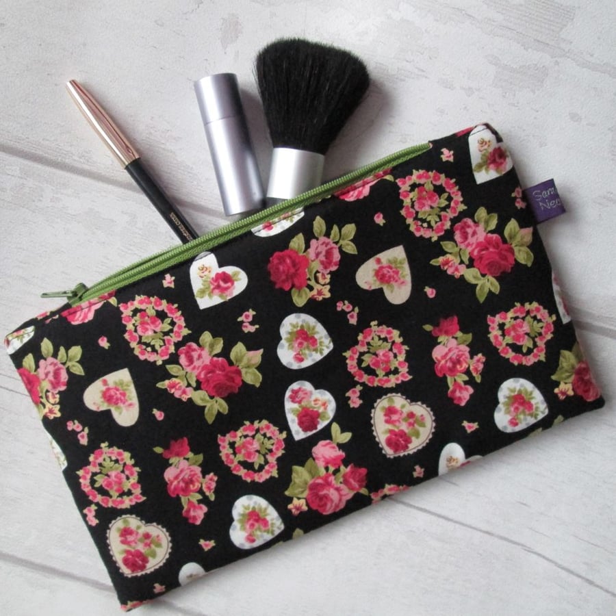 Hearts & Flowers Zip Top Bag, Make Up Bag, Pencil Case, Storage Bag