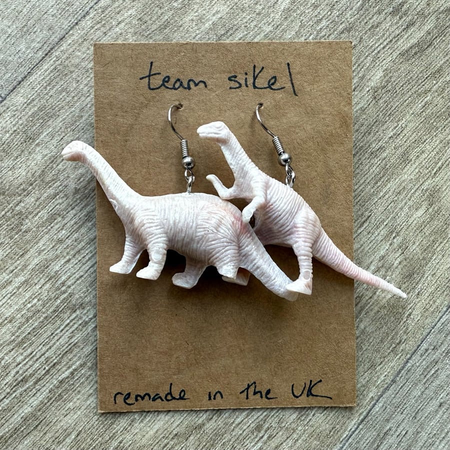 Whiteish Brontosaurus and Coleophysis Dinosaur Earrings - Upcycled from Toys