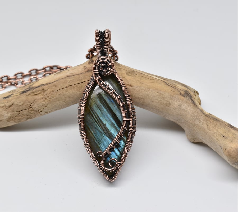Labradorite and Copper Wire Wrapped and Woven Statement Pendant Necklace