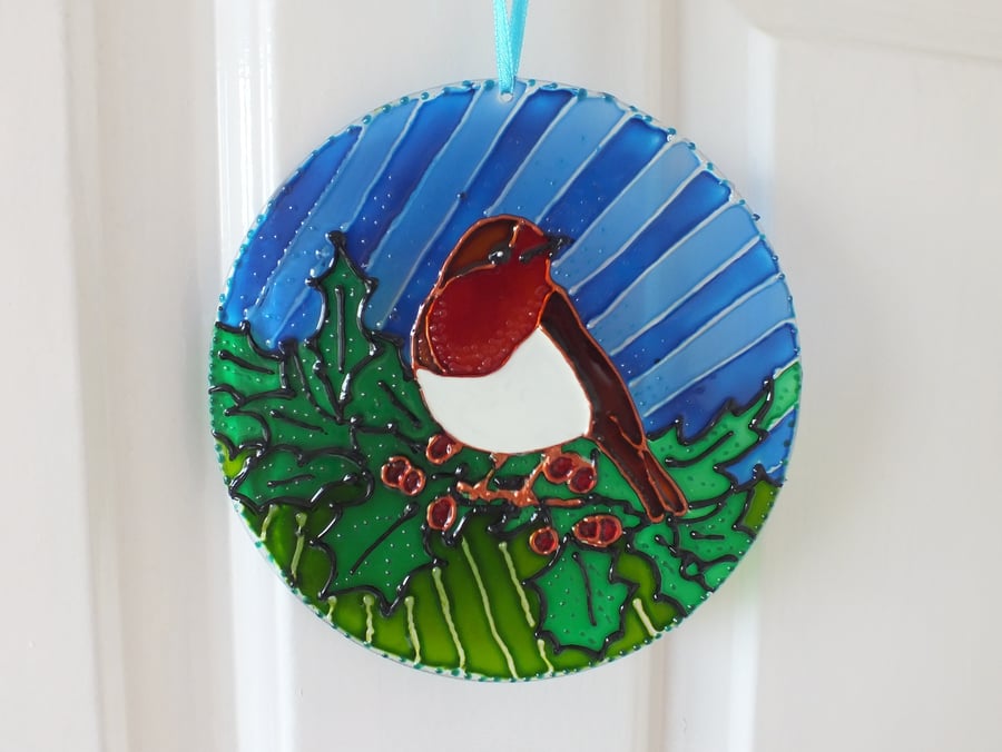 robin in the holly suncatcher, Robin suncatcher, Christmas suncatcher, 