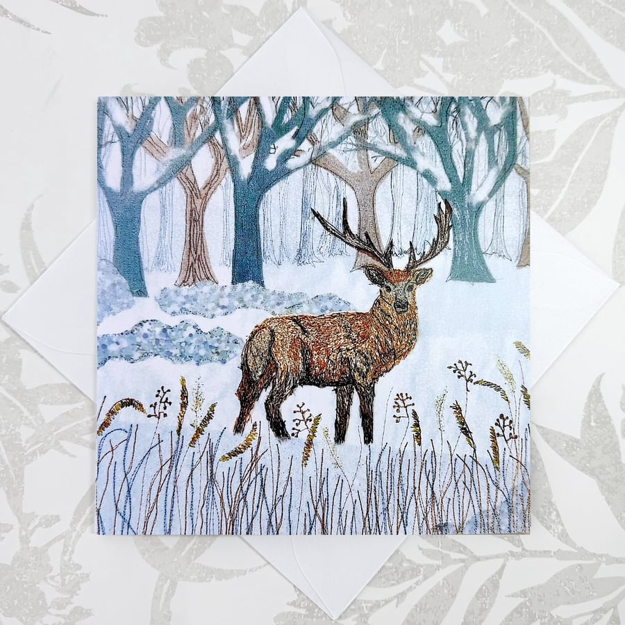 Winter deer Christmas card - snow stag woodland