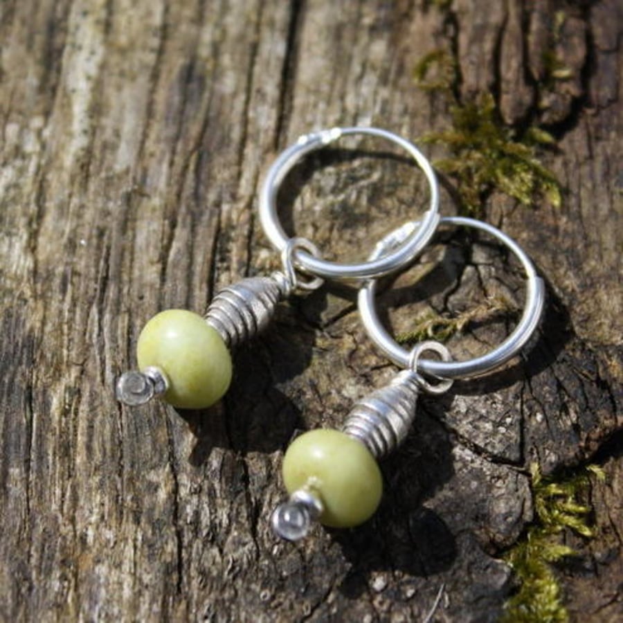 Tribe, silver and butter-jade hoop earrings