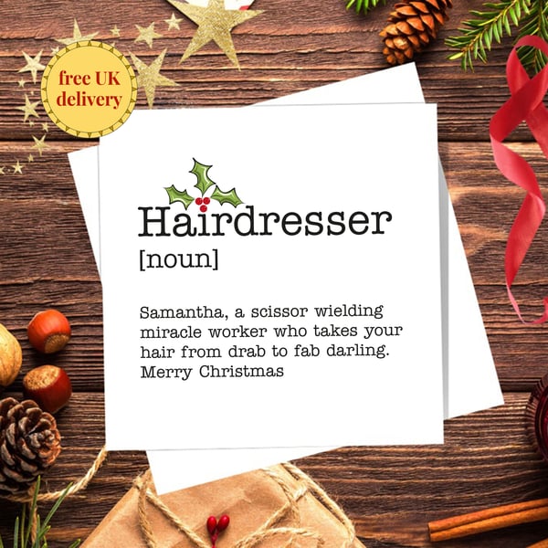 Christmas Card Personalised Hairdresser Definition, Blank Inside. Free delivery