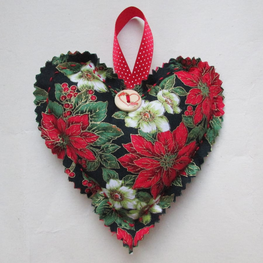 Christmas heart decoration - black, red, cream and green floral print fabric