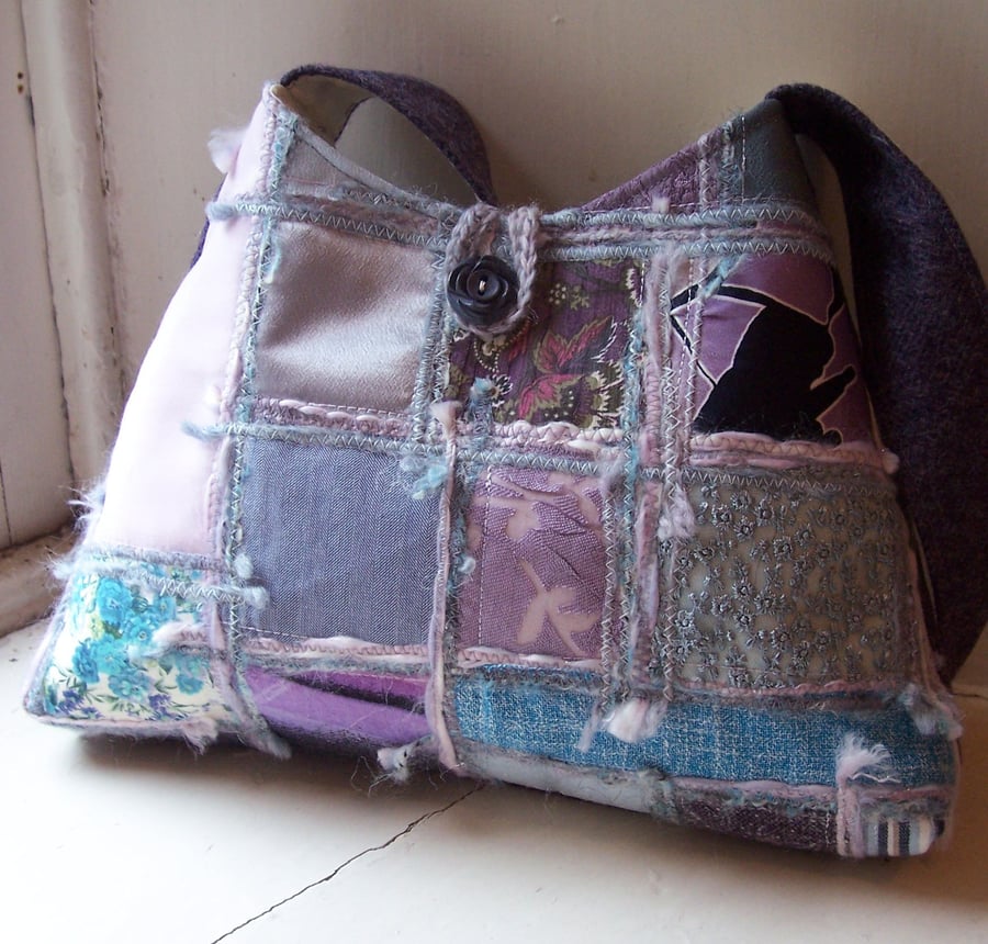 SOLD Soft textile shoulder bag in pink, lavender and duck egg 