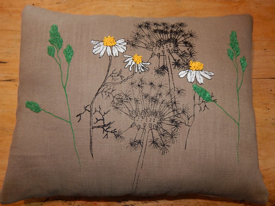 Stone colour dandelion clock and daisy.Screen printed small cushion. 33cm x 26cm