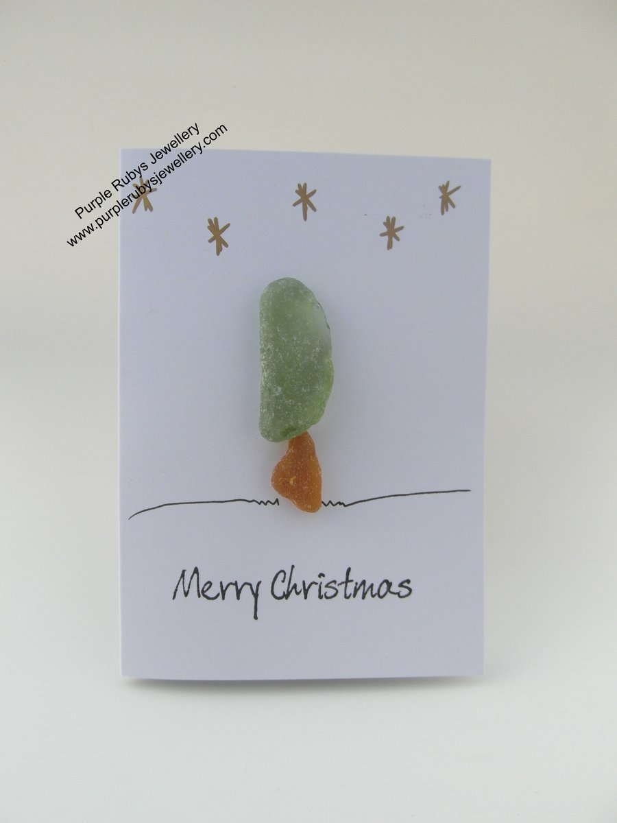 Sea Glass Christmas Tree with Gold Stars Christmas Card C028