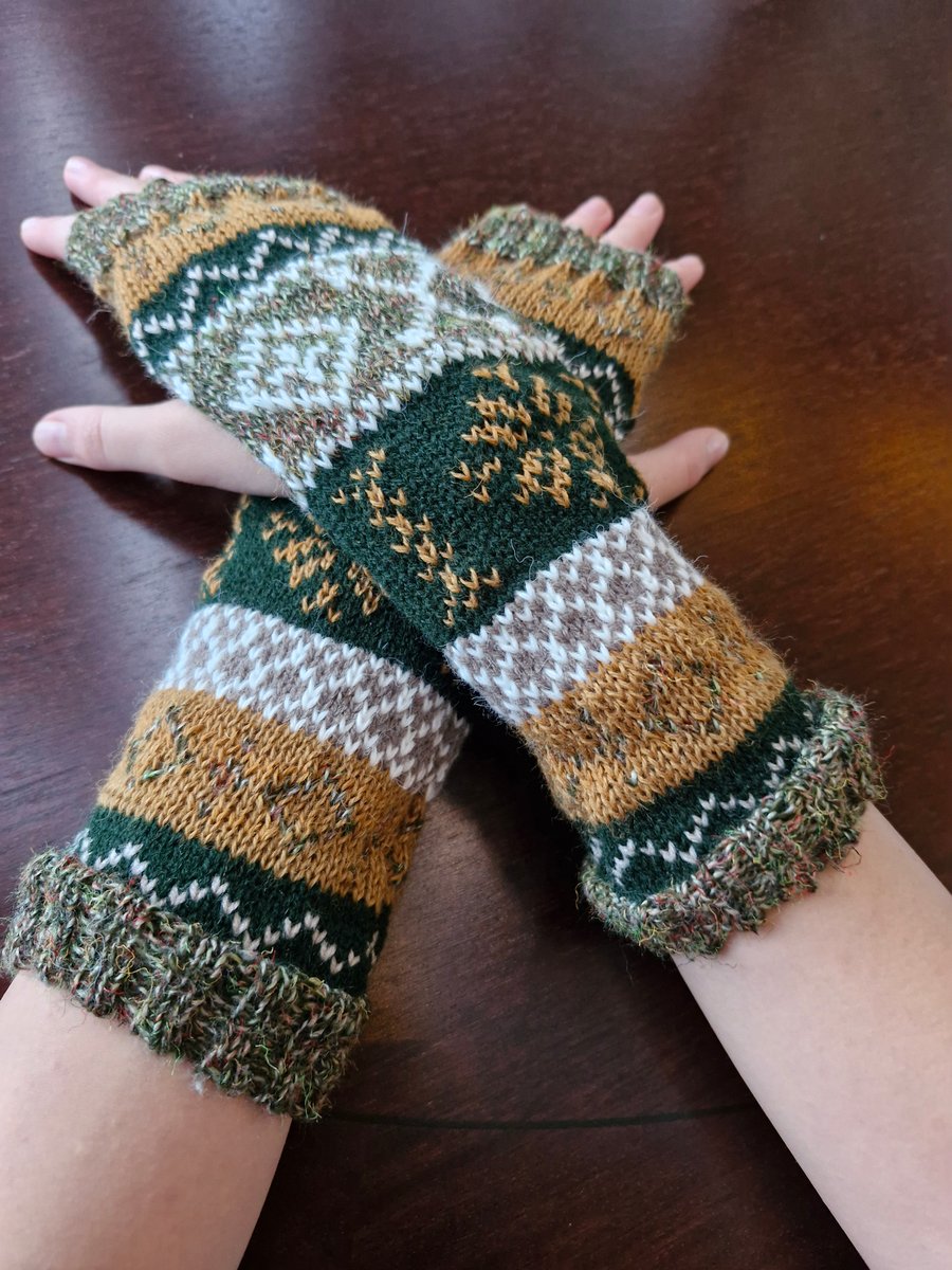 Unique knitted winter wrist warmers, fingerless gloves Green multi size s-m