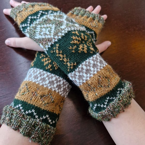 Unique knitted winter wrist warmers, fingerless gloves Green multi size s-m