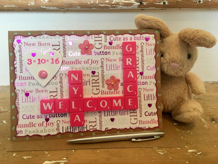 Bespoke handmade Scrabble letter ‘new baby’ cards