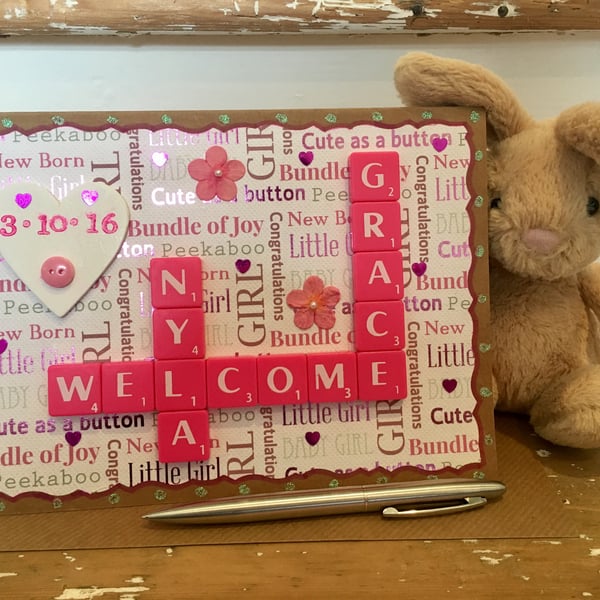Bespoke handmade Scrabble letter ‘new baby’ cards