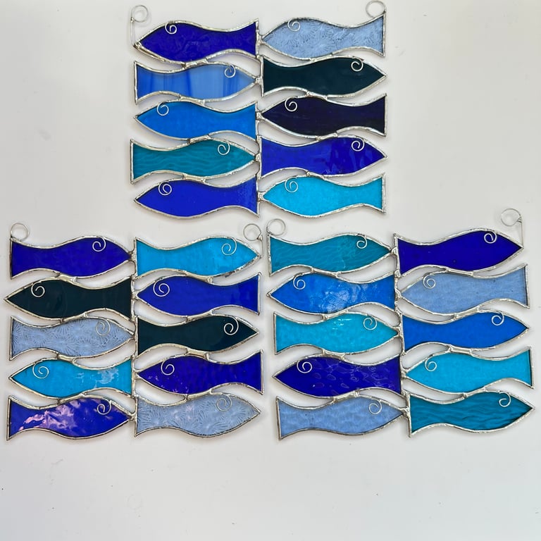 Stained Glass Fish Shoal Suncatcher X 10 - Window Decoration - Blue and Turq