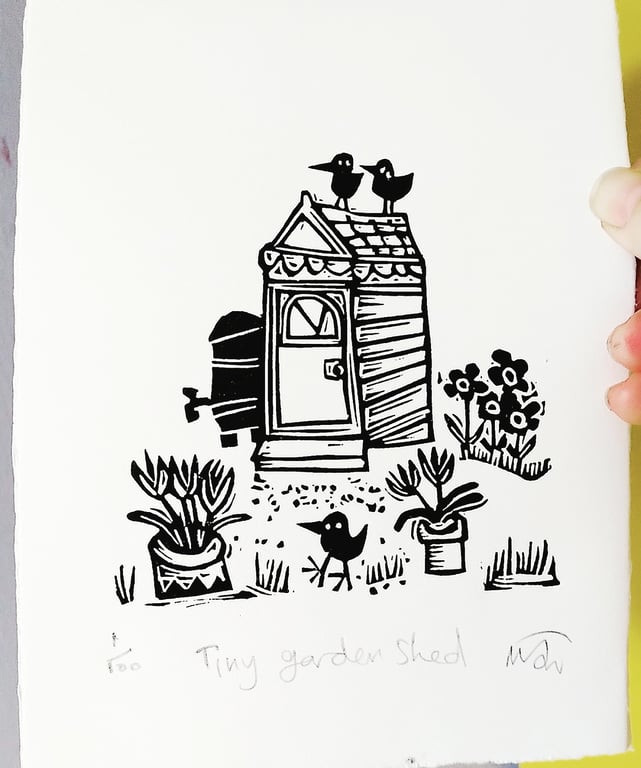 Tiny Garden Shed - lino cut print
