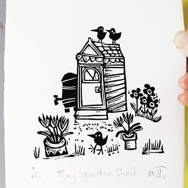 Tiny Garden Shed - lino cut print