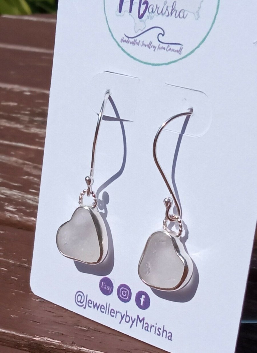 Sterling Silver & Fine Silver Rare Heart Shaped Seaglass Earrings in White