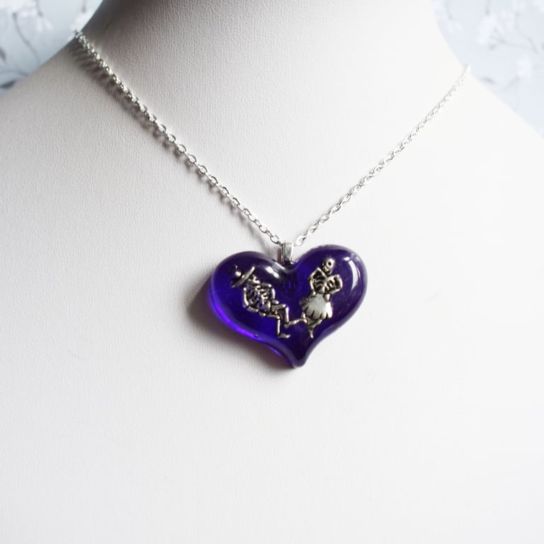 Day of the Dead Dancing Skeletons Purple Heart Necklace