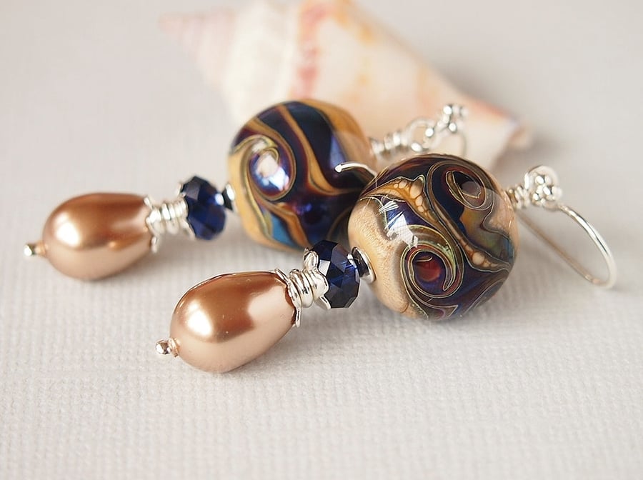 Silvered Glass Lampwork Earrings, Blue, Bronze, Sterling Silver