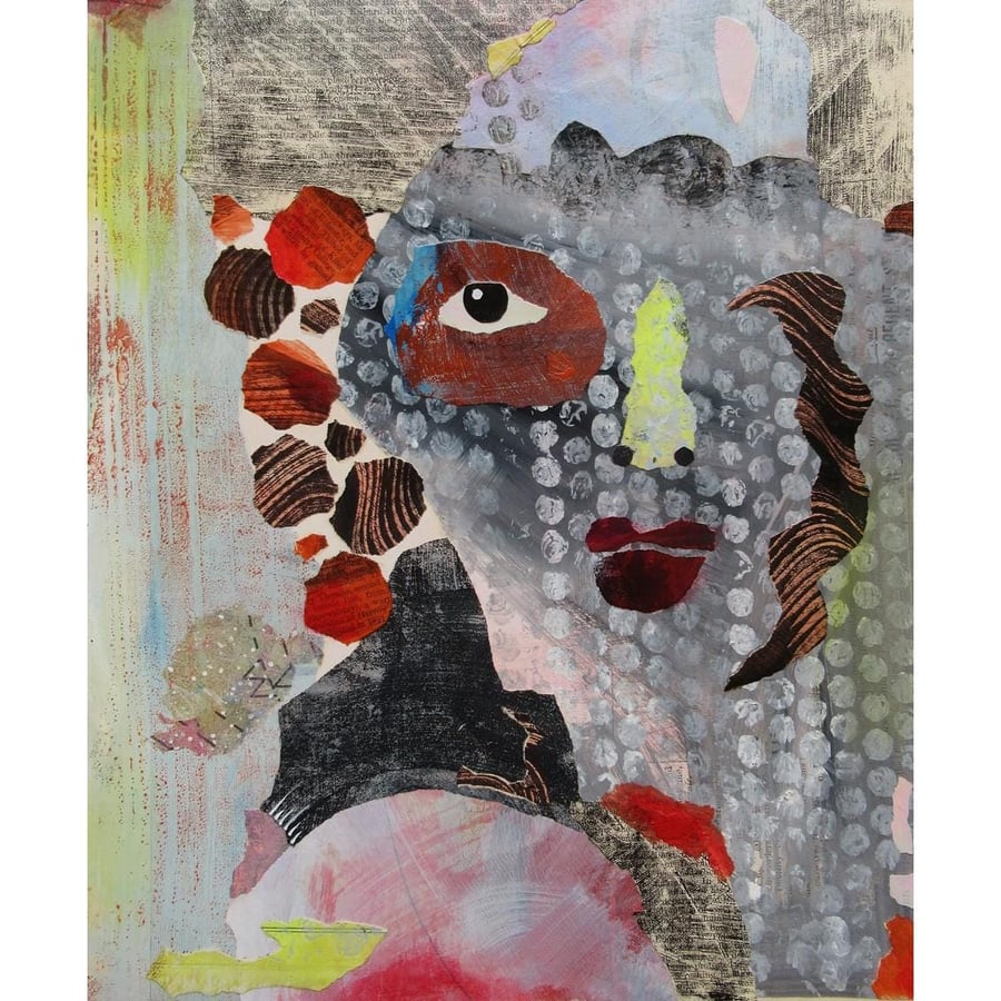 Abstract Portrait Art Print Primitive Raw Style Artwork Grey Brown Expressionist