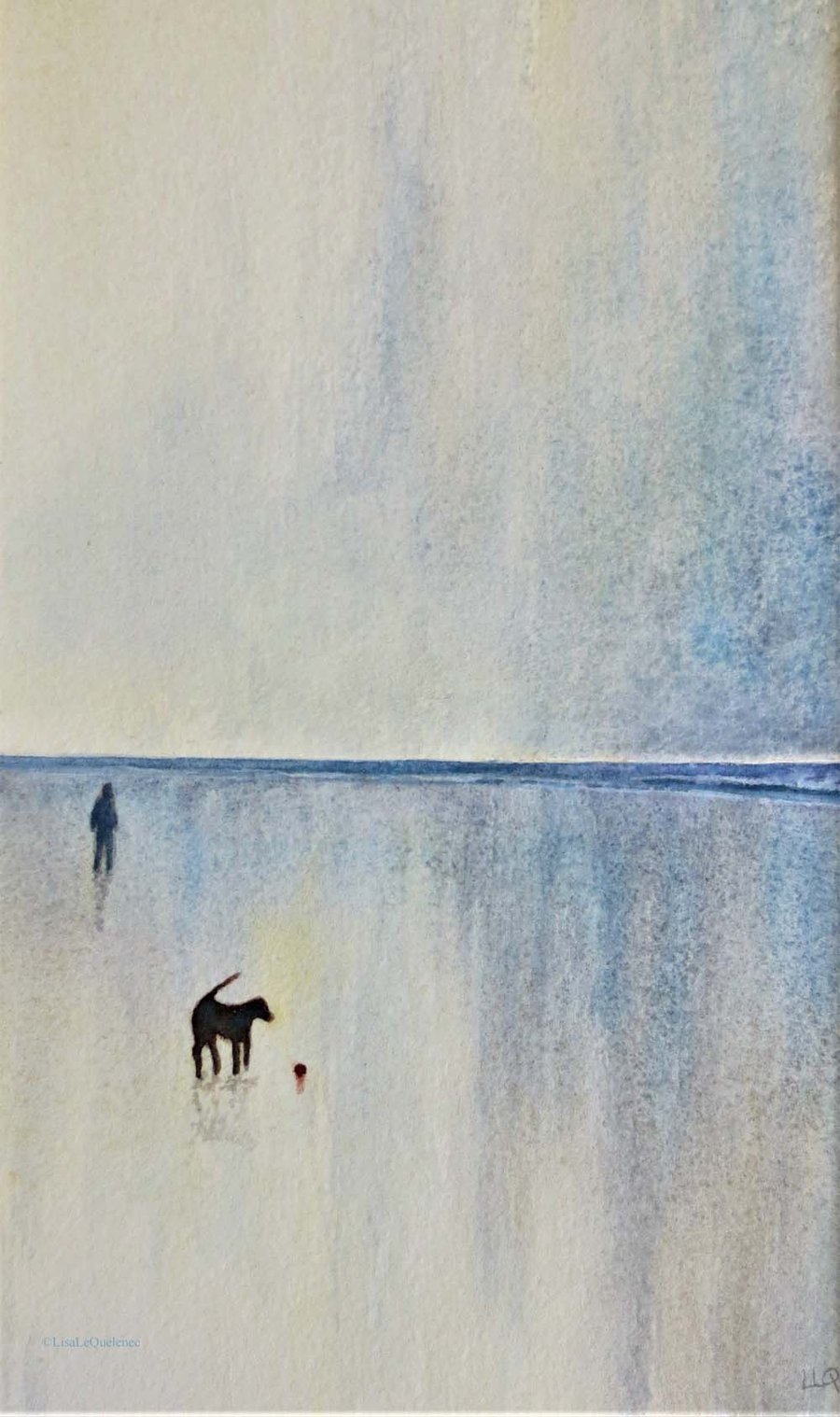The red ball, original painting walking the dog at the beach at sunset